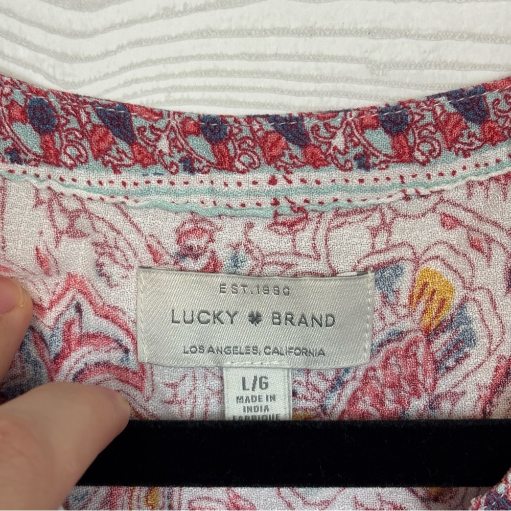 LUCKY BRAND FLORAL PEASANT PRINT WITH TASSEL TIES BLOUSE LONG SLEEVE SIZE LARGE - Picture 5 of 9